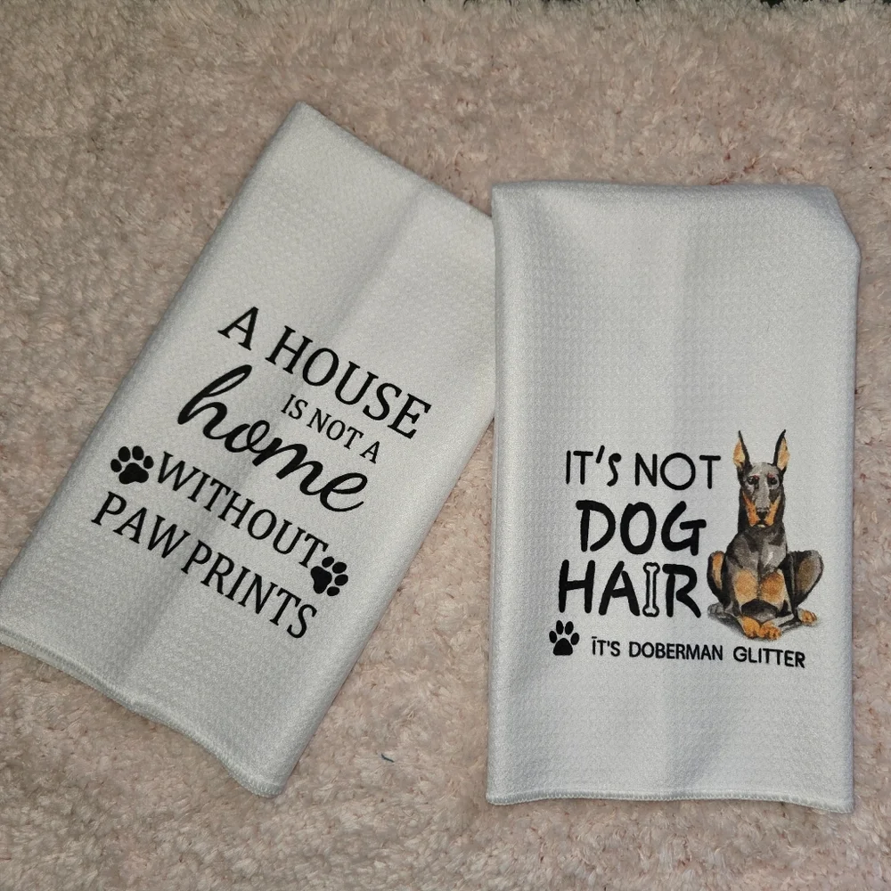 Dog Towels - White Doberman pincher dog glitter kitchen towel set
